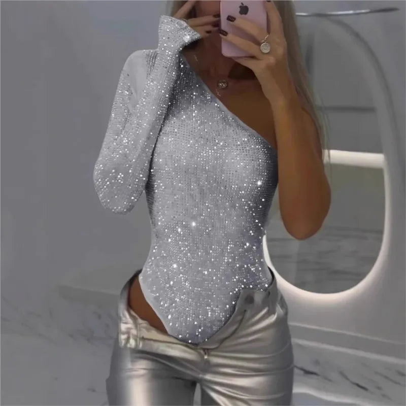 2025 Spice Girls Sexy Jumpsuit Sequin Top One-Shoulder Tight Rhinrhinone Solid Silver One-Piece Fashion Party Nightclub Summer 2