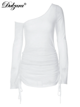 Dulzura Solid Skew Collar Ruched Straps Lace-Up See Through Draw String Mini Dress 2023 Summer  Women Party Clubwear Wholesale 6