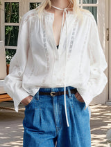 Women s Casual V-Neck Long Sleeve Button Down Shirt with Lace Detailing and Balloon Sleeves - Stylish Fall Blouse 3