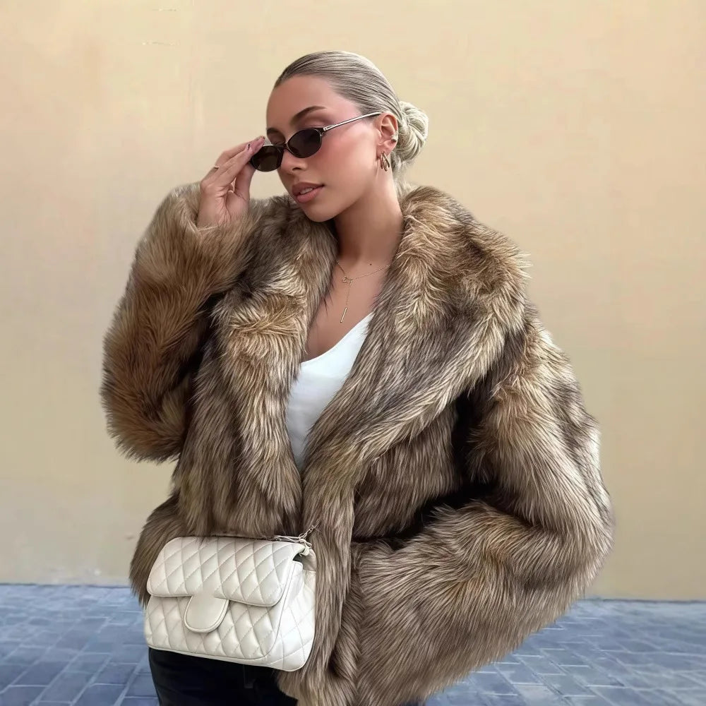 2025 Winter New Fashion Solid Color Fluffy Fur Coat Women High Street Luxury Big Fur Collar Faux Fox Fur Jacket Female Overcoats 2