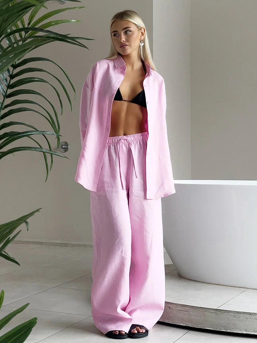 Bornladies Cotton Casual Pants Sets Women's Solid Color Cozy Lapel Long Sleeve Shirt Summer Outfit Elastic Waist Pants Suits 6