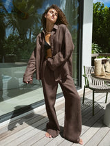 Bornladies Cotton Casual Pants Sets Women's Solid Color Cozy Lapel Long Sleeve Shirt Summer Outfit Elastic Waist Pants Suits 4