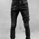 New Jeans Men's Fashion Belt Buckle Hole Streetwear Jeans | Moto Biker Skinny Denim Pants 3