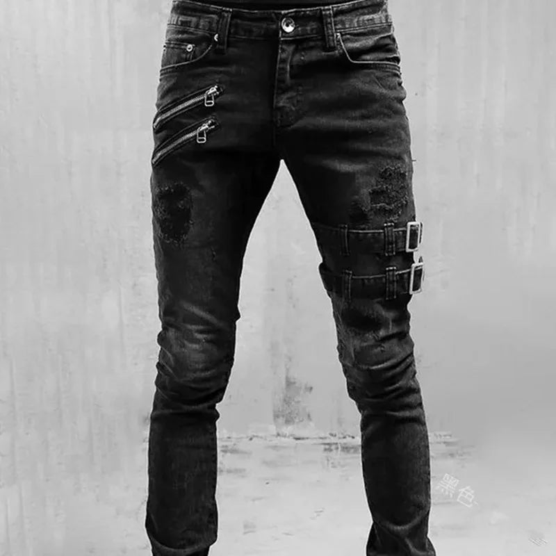 New Jeans Men's Fashion Belt Buckle Hole Streetwear Jeans | Moto Biker Skinny Denim Pants 3