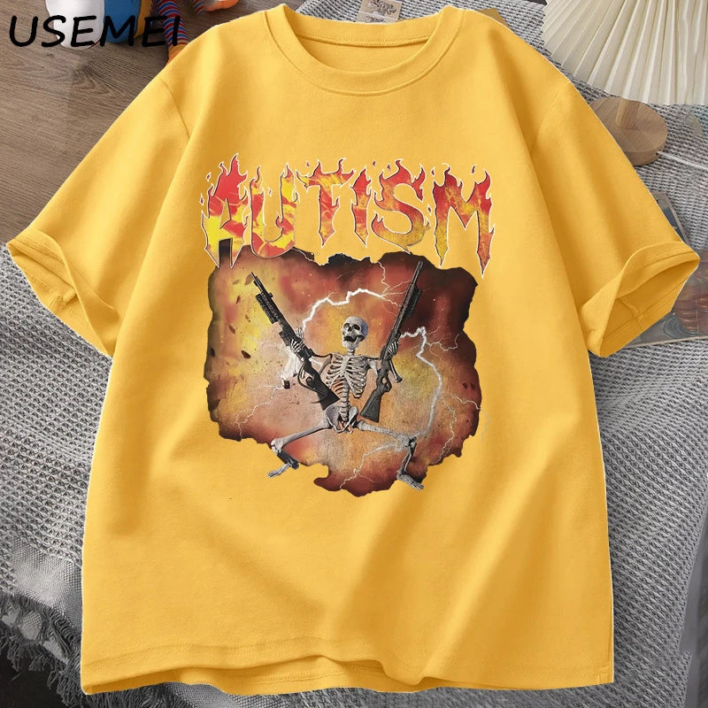 Autistic Funny Skeleton T-Shirt Men Women Autism Meme Graphic T Shirts Harajuku Fashion Cotton Vintage T Shirt Unisex Streetwear