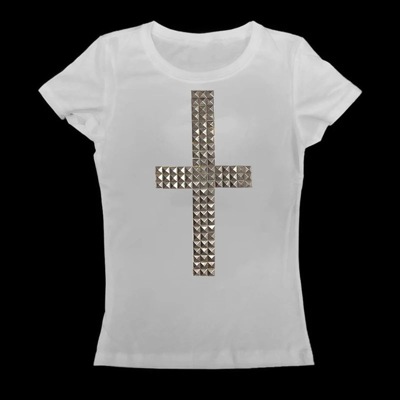Women 90s Vintage Clothing T-shirts Goth Kawaii Girl Emo Kpop Goth Baby Tees Harajuku Cross Hot Stamping Y2k Clothes Streetwear 2