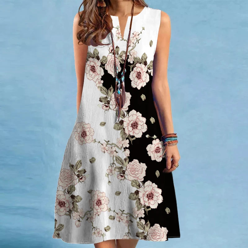 2025 European and American Cross Border Women's New Dress V-neck Sleeveless Sexy Printed Large Hem Foreign Trade Dress