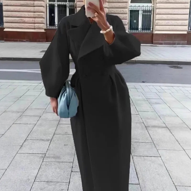 Autumn Lantern Sleeves Retro Palace Coat with Lapel and Double Row Buttons Women's Long Jacket Windproof Thick Street Coat 4