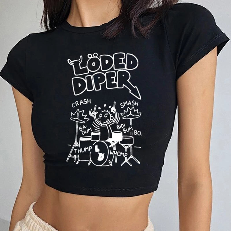 Harajuku Loded Diper Letter Print Crop Top Y2K Aesthetic Gothic Summer Baby Tee Vintage Short Sleeve Slim T-shirt Woman Clothing 2