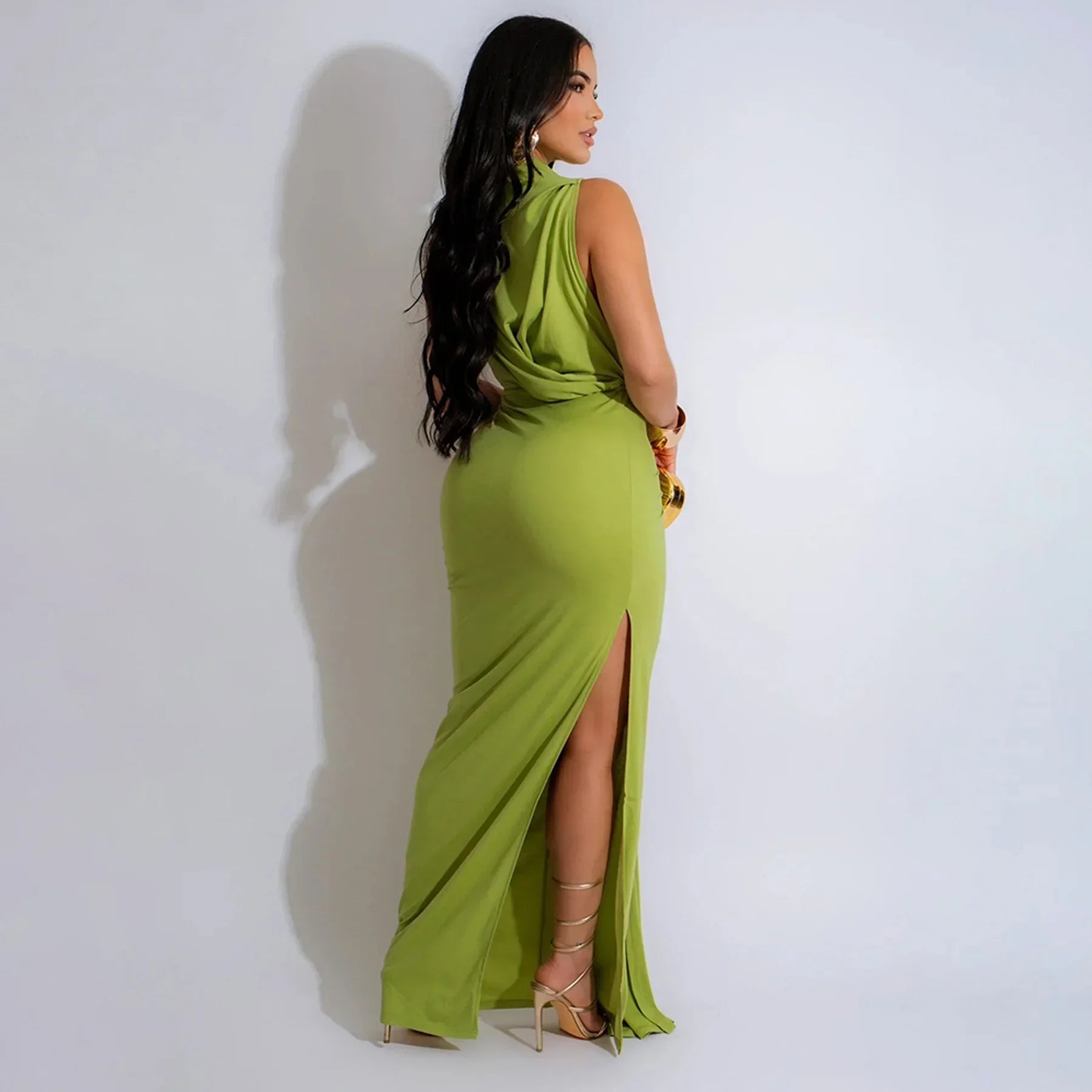 Women O-Neck High Split Ruched Stacked Bodycon Midi/Maxi Dress - Elegant Evening Party Dress 2