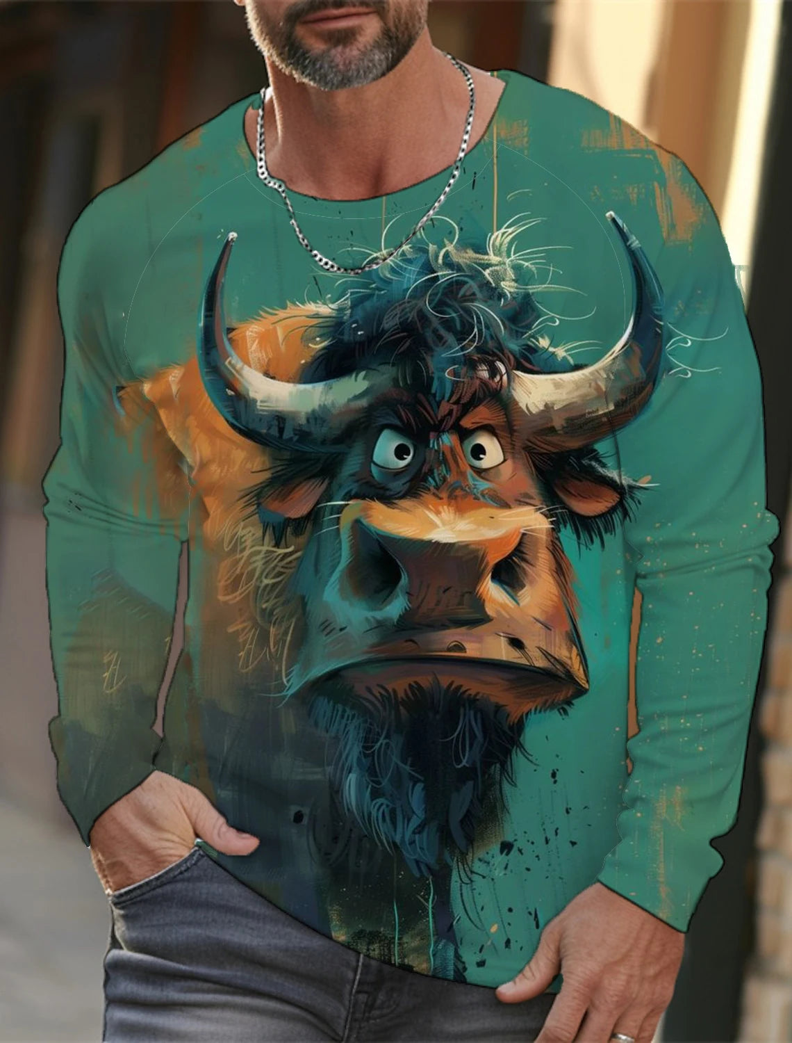 Funny 3D Animal Print Mens Top Fashion Cotton Long Sleeve T-shirt Men