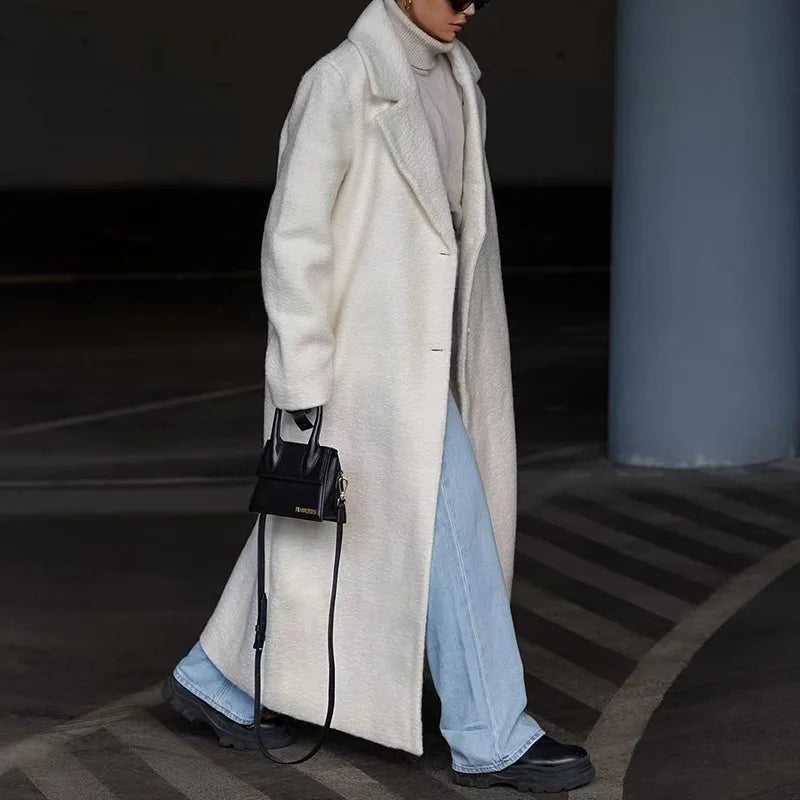 Women Wool Coat Turn Down Collar Solid Long Jacket Single Button Warm Thick Blends Pocket Full Sleeve Jacket Autumn Winter 5