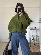 Women Fashion With Pockets Oversized Bomber Jacket Coat Vintage Long Sleeve Snap Button Female Outerwear Chic Tops 4