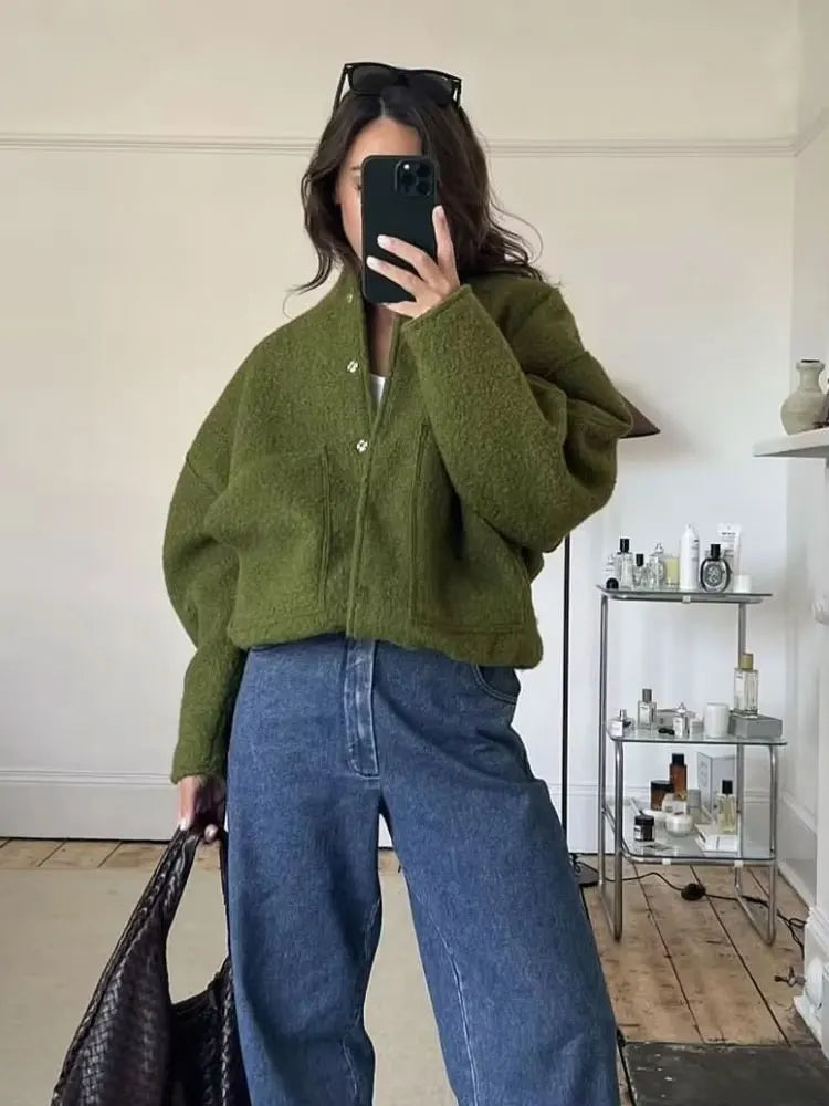 Women Fashion With Pockets Oversized Bomber Jacket Coat Vintage Long Sleeve Snap Button Female Outerwear Chic Tops 4
