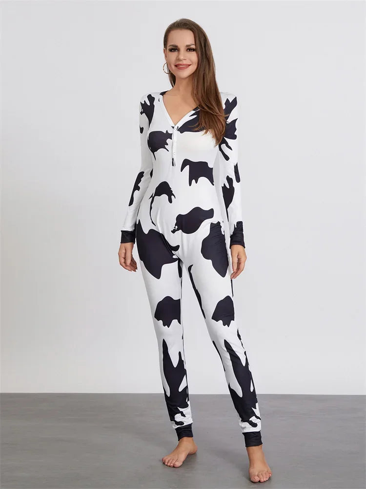 Women Buttoned Flap Jumpsuits Sleepwear Cow Printed Long Sleeve V Neck Bodycon Romper Spring Fall Loungewear 4