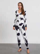Women Buttoned Flap Jumpsuits Sleepwear Cow Printed Long Sleeve V Neck Bodycon Romper Spring Fall Loungewear 4