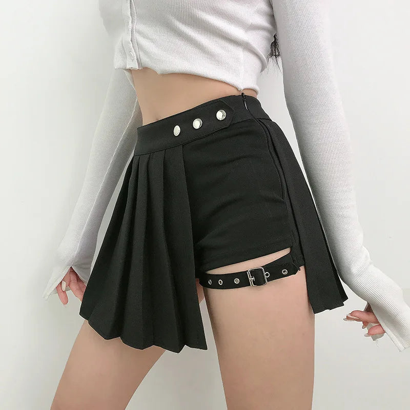 Pleated Girls Gothic Half Skirts Summer Harajuku Punk Style Plaid Irregular Skirts Women Asymmetrical High Waist Black Skirts 1