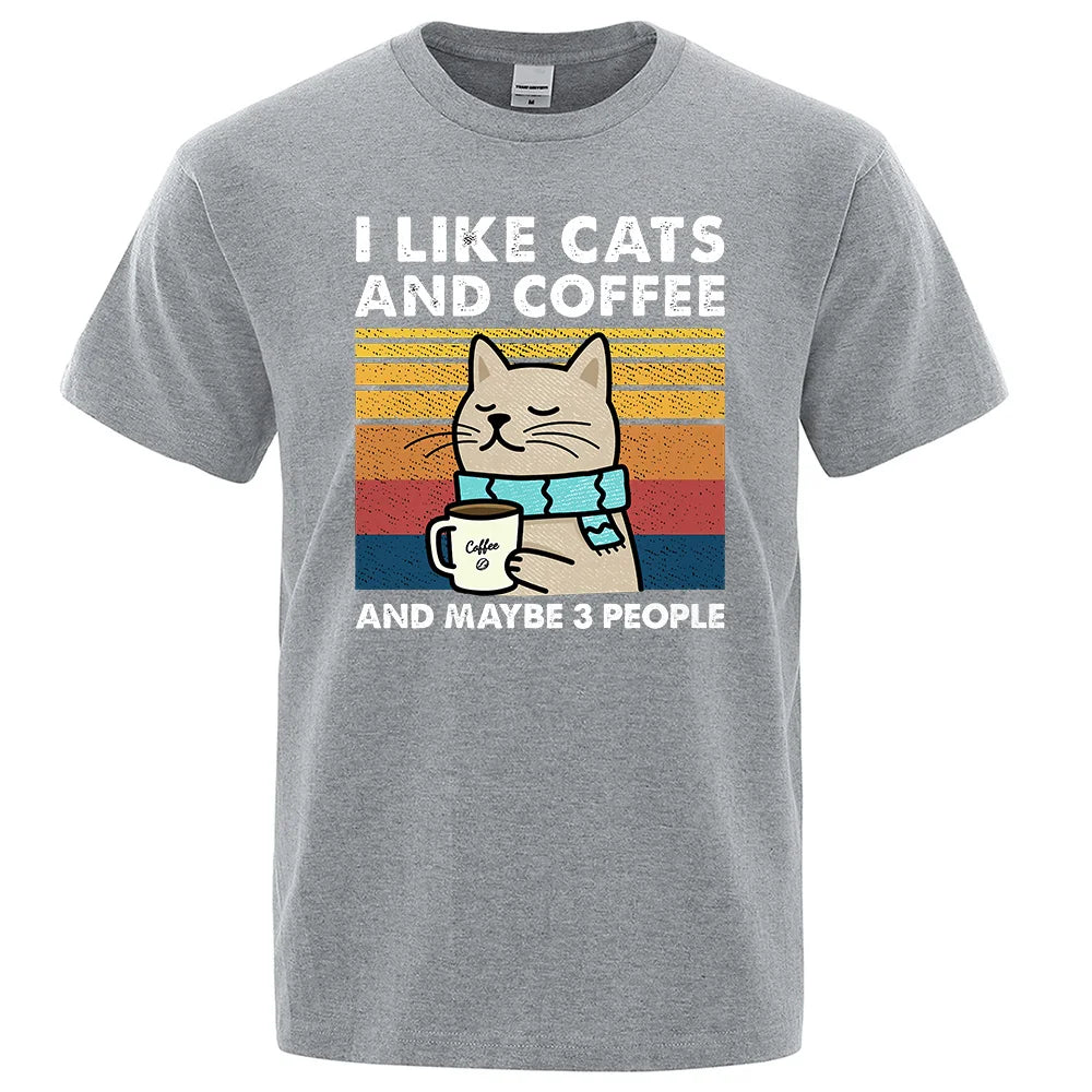 "I Like Cats and Coffee" Funny T-Shirt for Men | Casual Loose Fit Cotton Crewneck | Hip Hop Style 4