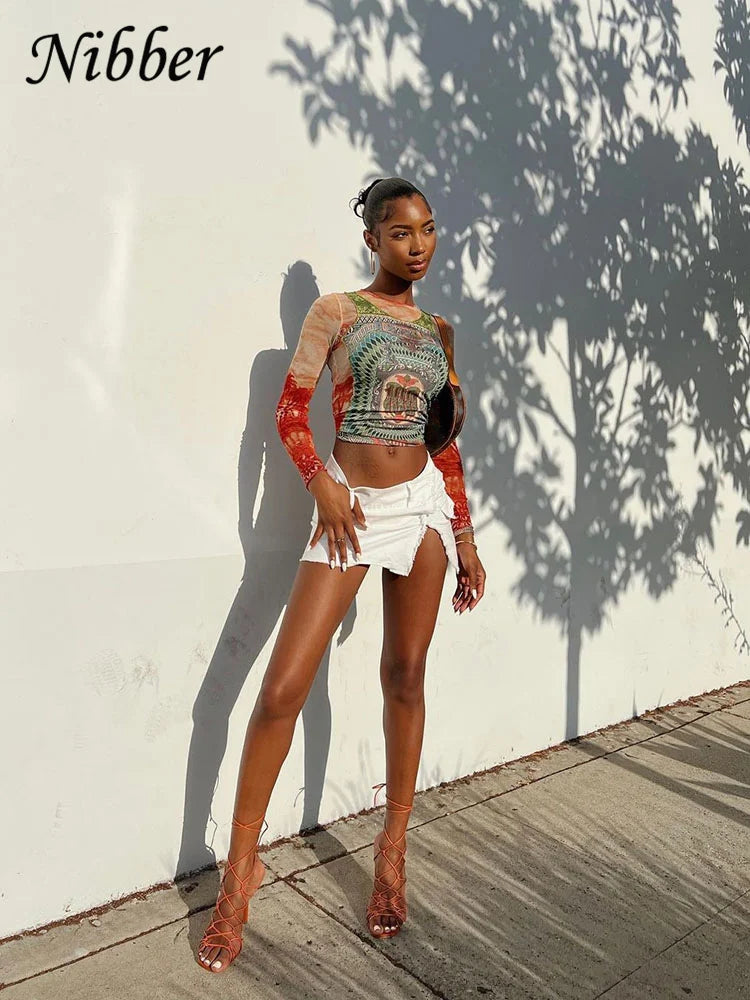 Nibber Autumn Art Print T-shirt Women's Wear Long-sleeved O-Neck Short Section Navel Slim Fit Top Female Street Comfort Clothing 5