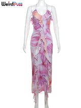 Weird Puss Flower Print Dress Woman Summer Strapless Splits Irregular Tassel Patchwork Backless Bandage Party Skinny Vestidos 6