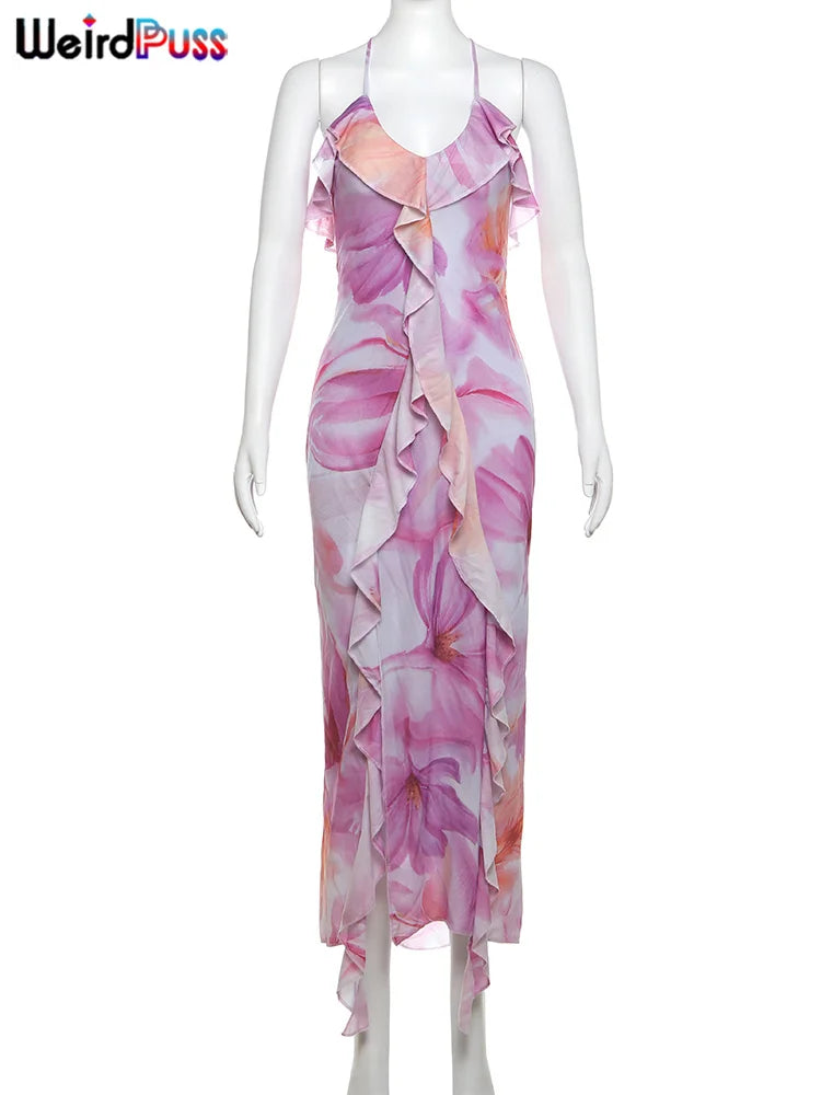 Weird Puss Flower Print Dress Woman Summer Strapless Splits Irregular Tassel Patchwork Backless Bandage Party Skinny Vestidos 6
