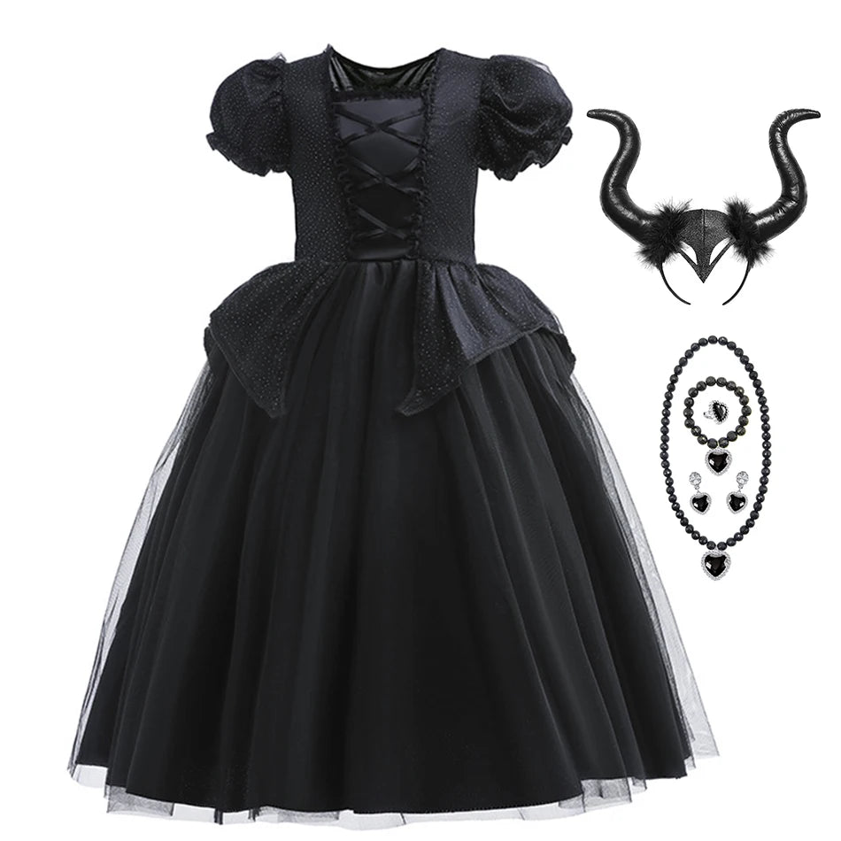 Girls' Dark Forest Queen Cosplay Dress with Wings