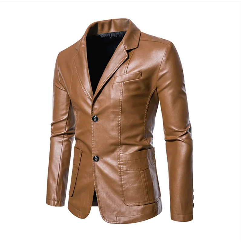 2024 New Men Business Casual Leather Jacket Black / khaki Fashion Male Suit Collar Coats Large Size 5XL Slim Fit Top 3