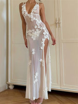 Women’s Floral Backless Maxi Dress - High Split Mesh Party Wear