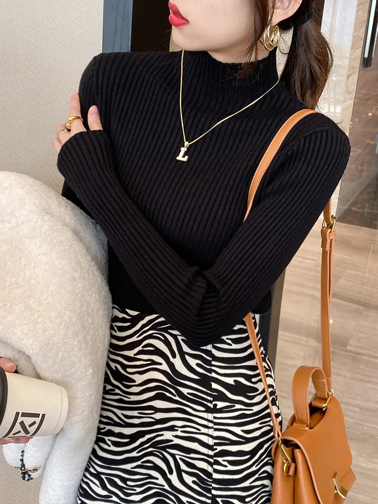 Elegant Solid Basic Knitted Tops Women Turtlneck Sweater Long Sleeve Casual Slim Pullover Korean Fashion Simple Chic Clothes 2