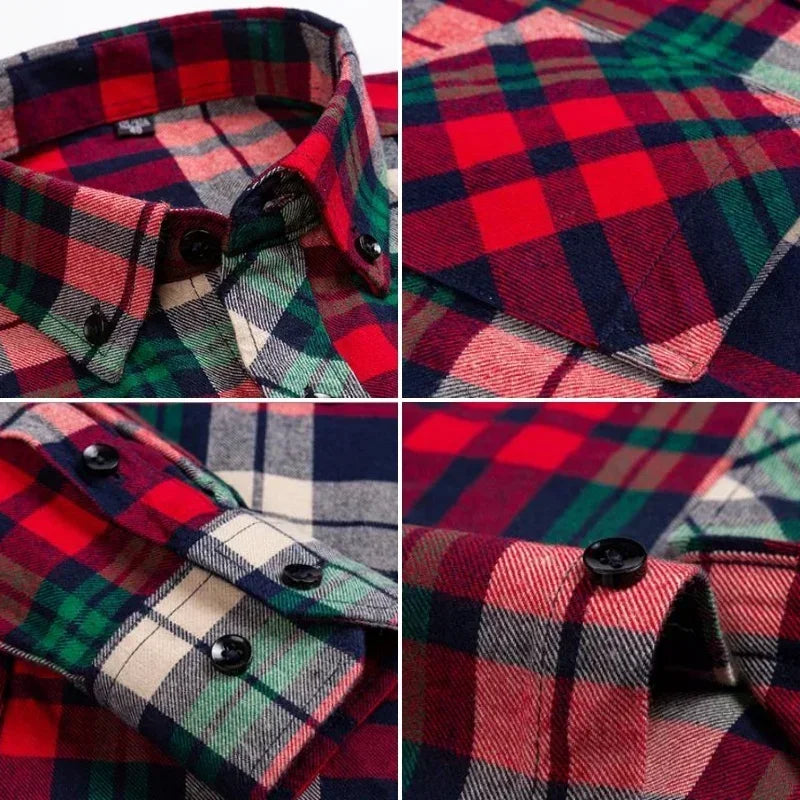 Autumn Thick Flannel Shirt Plaid Shirts Standard-Fit For Men Long Sleeve Pure Cotton Fashion Single Patch Pocket Design Young 2