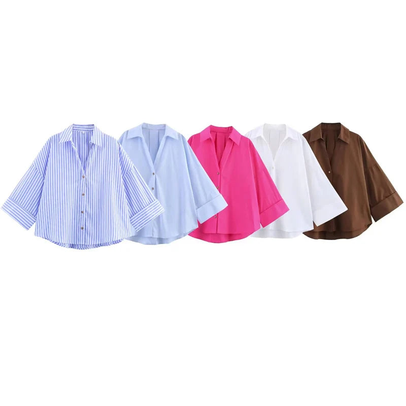 HXAO 2025 Women's Shirt Summer Crop Oversized Shirts & Blouses White Blue Rose Brown Striped Shirt Elegant Long Sleeve blouses 2