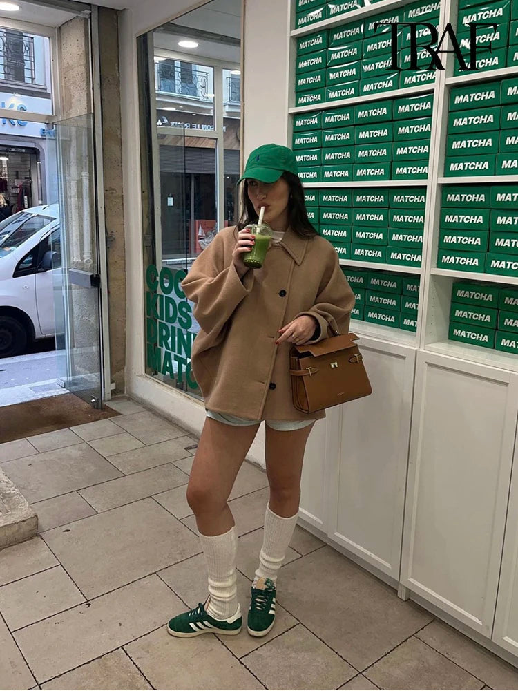 Women's Casual Vintage Khaki Coat Bat Sleeve Lapel Warm Tweed Coat Autumn and Winter Fashion Loose Single Breasted Coat 2