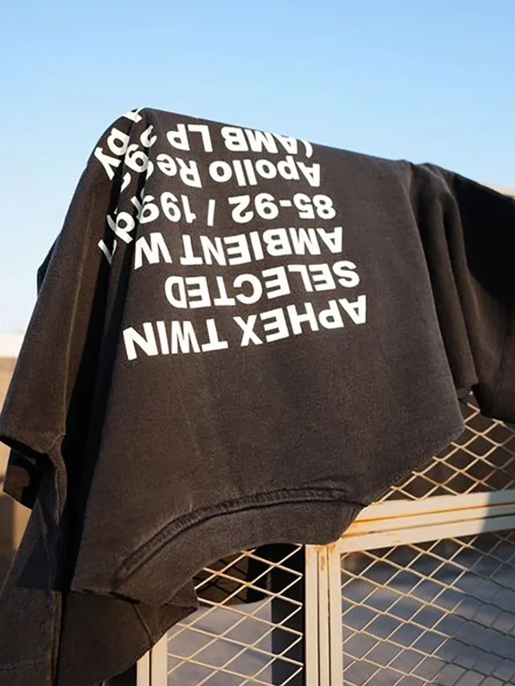 Men T-Shirt Aphex Twin Washed Black Print Cotton Graphic Oversized Korean Fashion Short Sleeve Tops Tees Y2k Streetwear Clothing 4