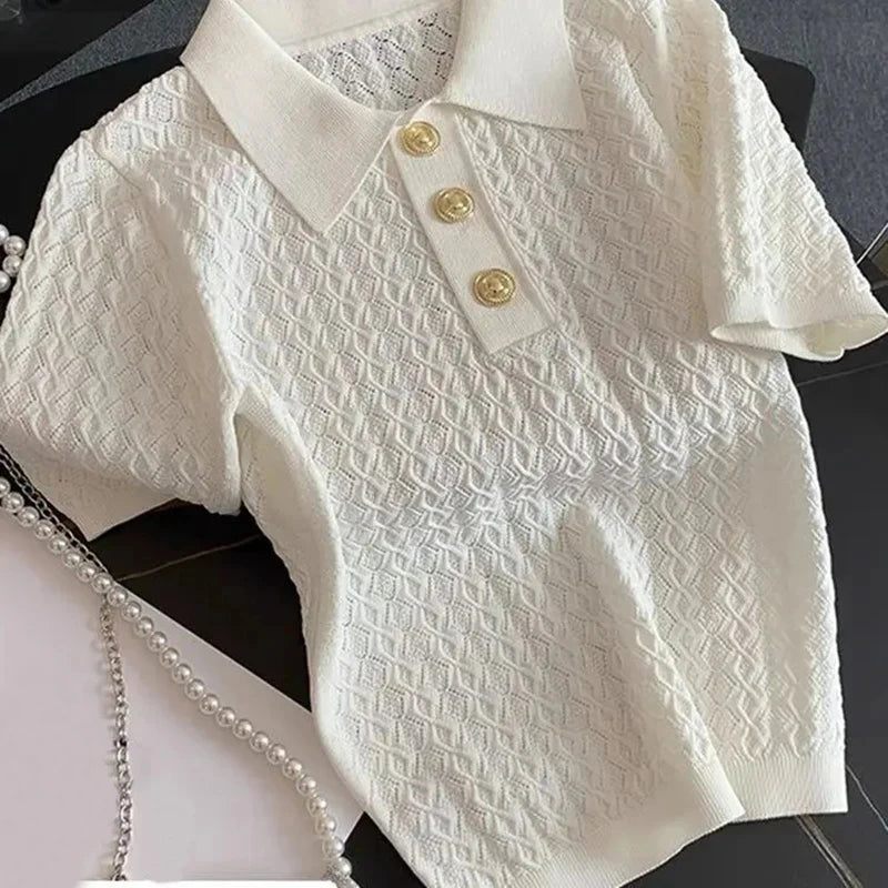 Ice Silk Polo Shirt Knitted Short Sleeve T-Shirt Summer Chic Thin Unique Jacquard Women Tops 2025 Korean Style Women’s Clothing 5