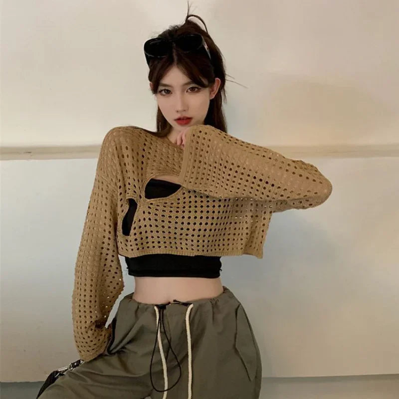 Y2K Hollow Out Crop Top Knitted Retro Long Sleeve T Shirt Women Summer Sun Protection Breathable Cardigans Patched Tee 2
