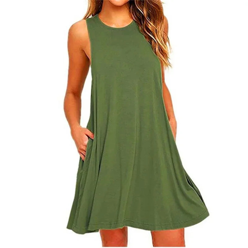 Women's Dress Summer Casual T Shirt Dresses Beach Cover up Plain Pleated Tank Pockets Dress 3