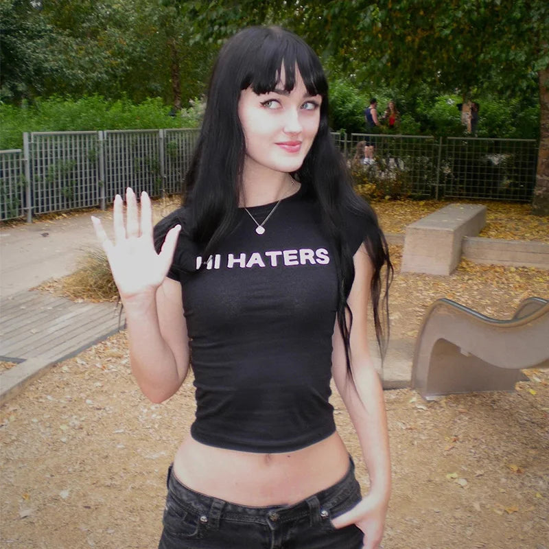 Hi Haters Letter Gothic T-shirt High Street Sexy Tees Harajuku Crop tops Short sleeve top Fairy Grunge Skinny Tops Y2k Clothes 1