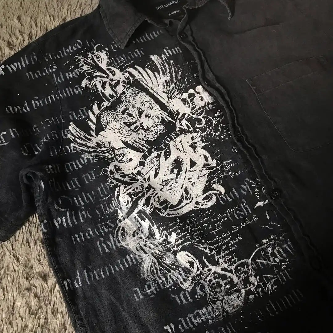 Y2K Black Shirt Affliction Retro T Shirt Harajuku Men Skull Holy Writ Letter Printing Tee Fashion Gothic Short Sleeves Tops 2