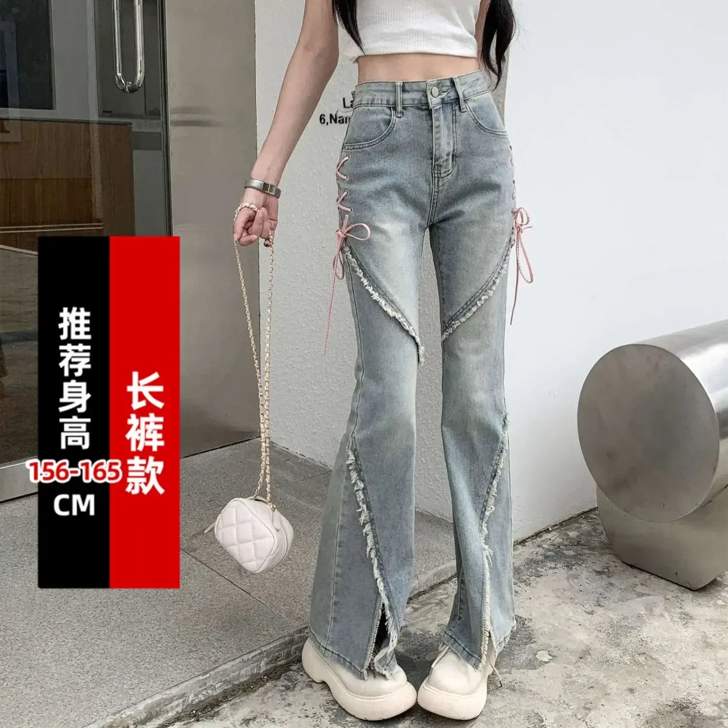 American-Split-Jeans-Women-Pink-Bandage-High-Waist-Irregular-Spliced-Denim-Pants-Zipper-Fly-Trousers-Y2k