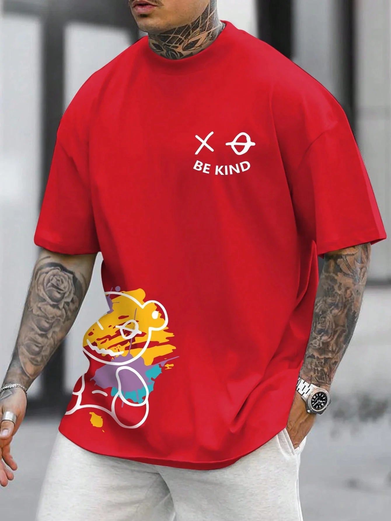 Casual Men's "Be Kind" Cartoon Print T-Shirt - Loose Fit Cotton 3