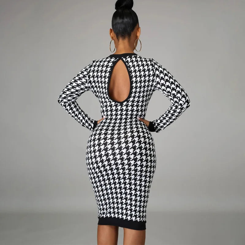 Elegant Slim Fit Houndstooth Midi Dress - Women's Long Sleeve Bodycon Streetwear for Club 4