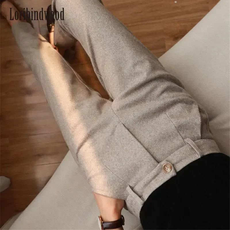 Woolen Pants Women's Harem Pencil Pants 2023 Autumn Winter High Waisted Casual Suit Pants Office Lady Women Trousers 5