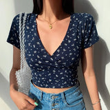 Y2K Vintage Floral Cross Crop Top T-shirt Women Cropped Slim Short Sleeve V-neck Sexy Summer Clothes Tee Shirt Femme Woman Tops 3