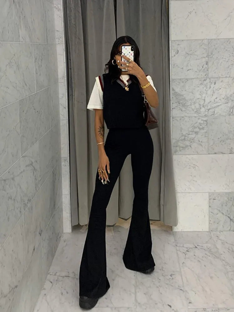 Solid Black Woman Pants Slim Fitting High Waisted Streetwear Casual Flare Pants Women Clothes Full Length Capris Trousers Women 5