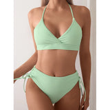 Cikini-V-Neck Split Bikini Set for Women, Sexy Swimsuit, Lace Up, Triangular Bikinis, Solid Color, Beach Swimwear, Bathing Suit 3