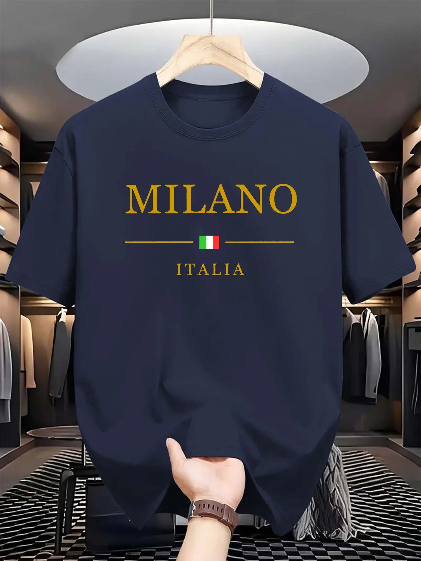 Men's summer 100 cotton fashionable casual loose plus size MILANO ITALIA pattern printed sports round neck short sleeved T-shirt