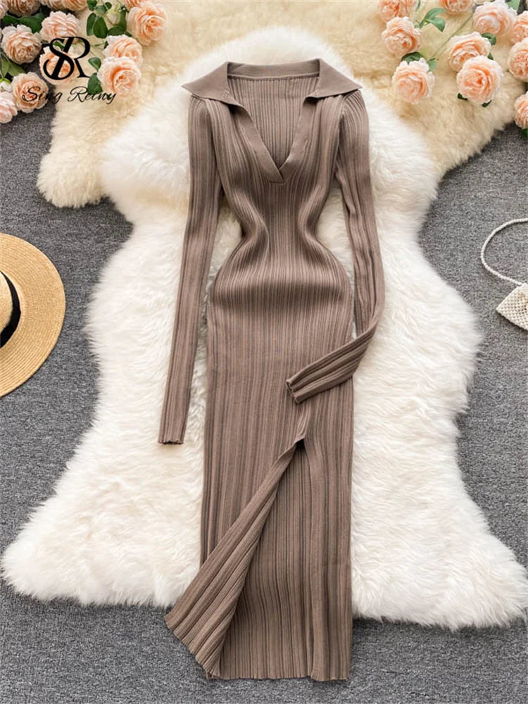 SINGREINY Women Korean Knitted Dress Long Sleeve V Neck Elastic Slim Pencil Dresses 2021 Autumn Sexy Bodycon Split Sweater Dress 12