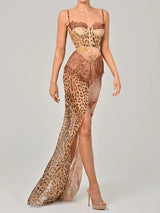 Leopard Print Lace Split Sexy Maxi Dress Women Gown Elegant Patchwork Chiffon Sleeveless Backless Beach Evening Dress 6