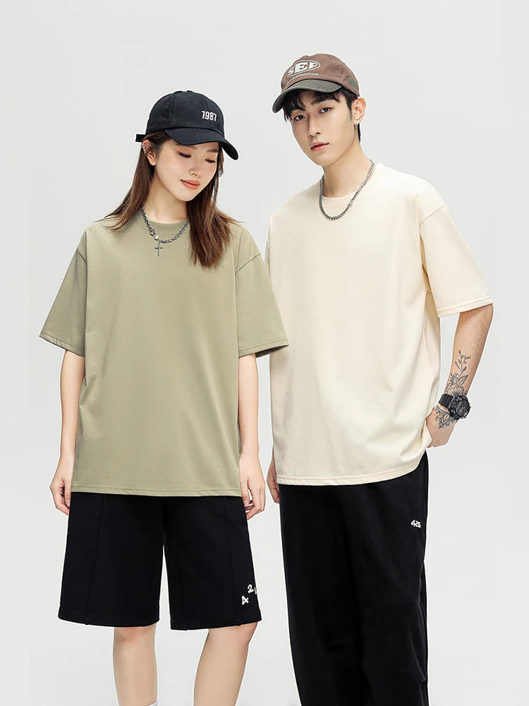 260GSM Summer T Shirt Men Korean Fashion Short Sleeve Loose Basic T-shirts Solid Tops Oversized Tee Unisex 3