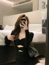 Black Bodycon Dress Women 2022 Autumn Long Sleeve Short Party Dress Office Lady Pure Color Elegant Vintage Y2k Mini Dress Korean 3